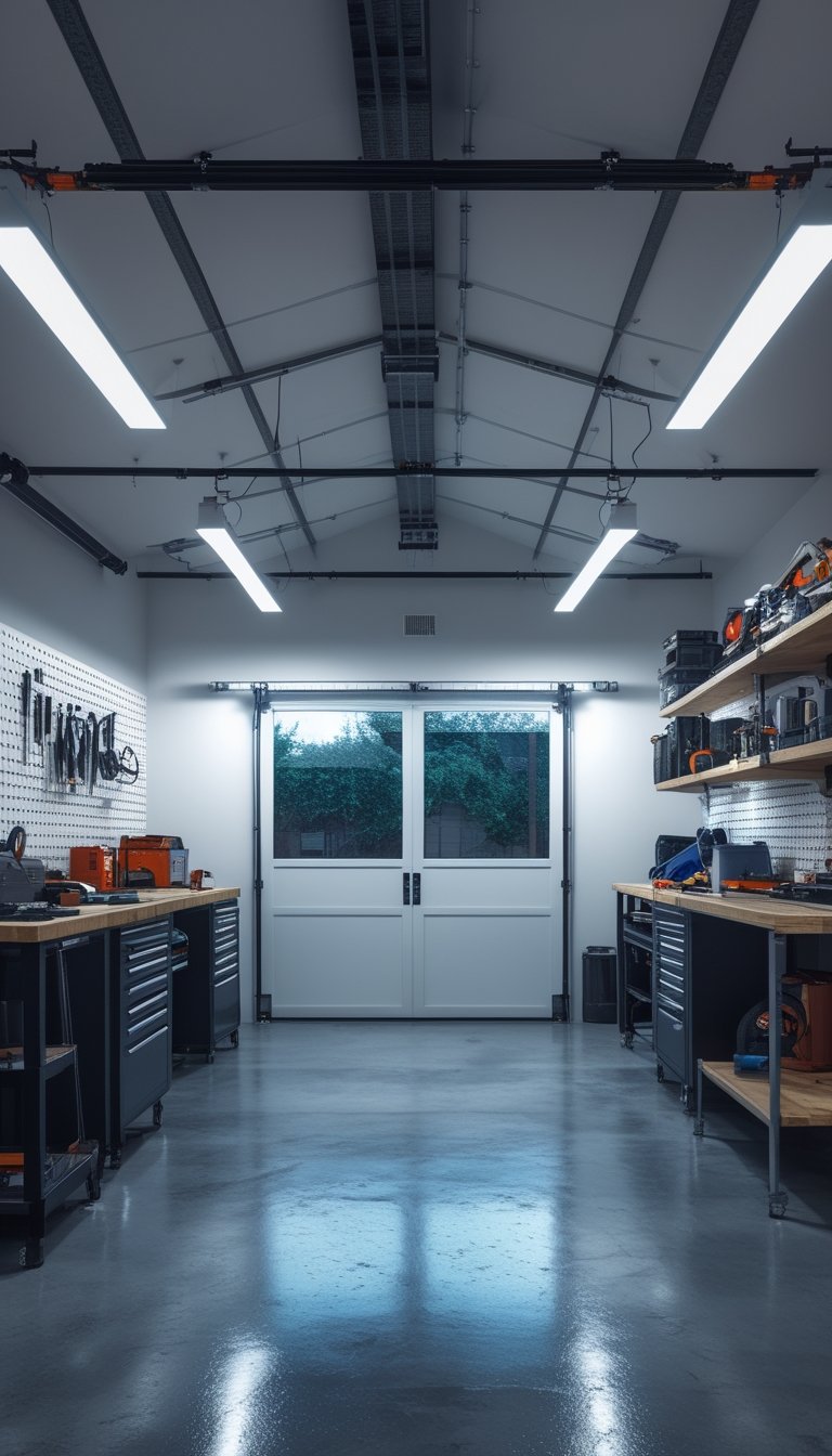 A clean and organized garage workshop brightly lit by smart LED bulbs with tools and workbenches neatly arranged.