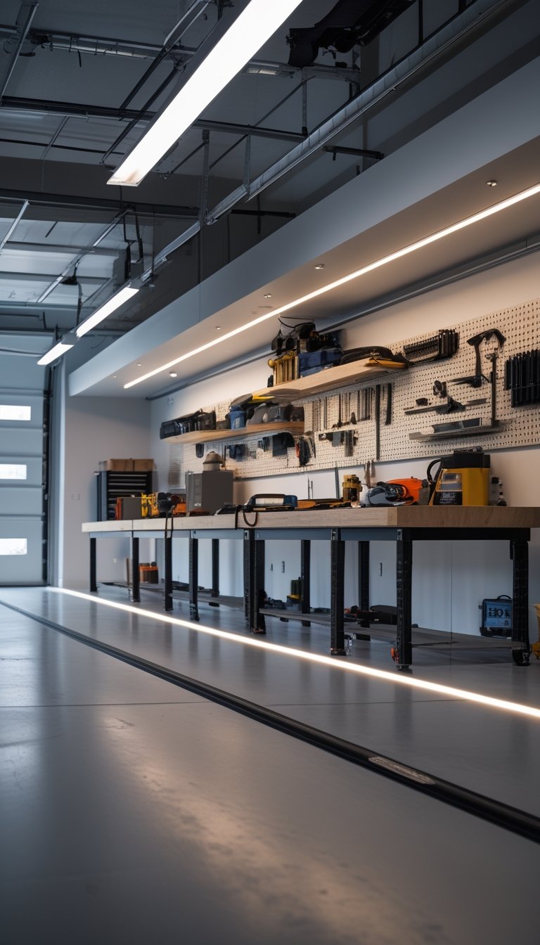 A garage workshop with workbenches illuminated by recessed toe-kick lighting beneath the benches, with tools organized on the walls.