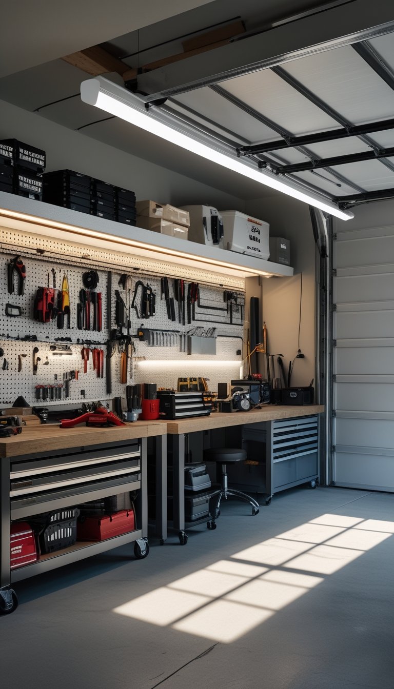 A well-organized garage workshop lit by battery-backed LED strip lights under shelves and along the ceiling, with tools and workbenches visible.