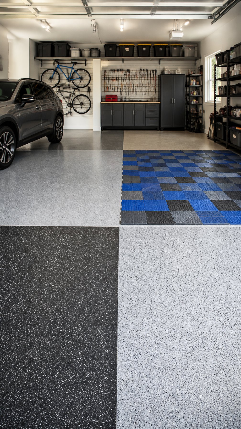 A clean and organized garage interior showing different types of floor coatings including epoxy, painted concrete, and interlocking tiles with tools and storage around.