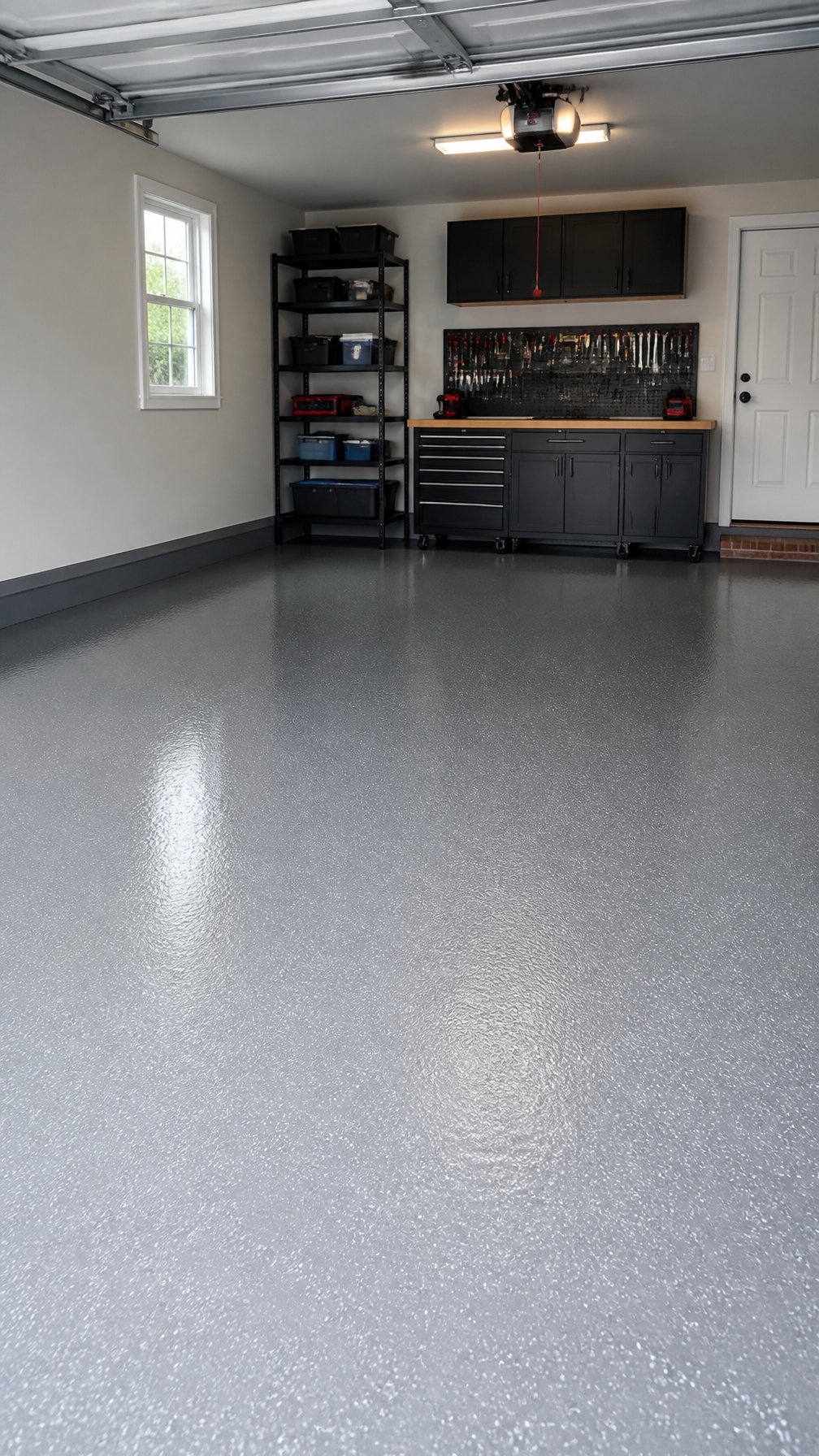 A clean garage with a freshly painted smooth gray concrete floor and organized workbench and shelves.