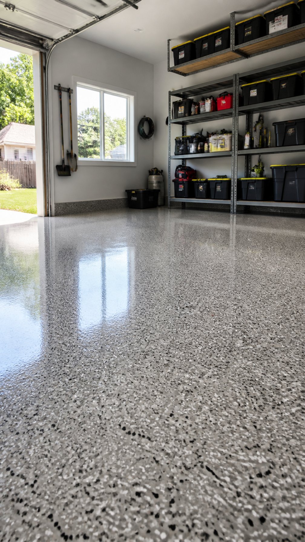 A clean garage with a freshly coated glossy epoxy floor and organized storage shelves along the walls.