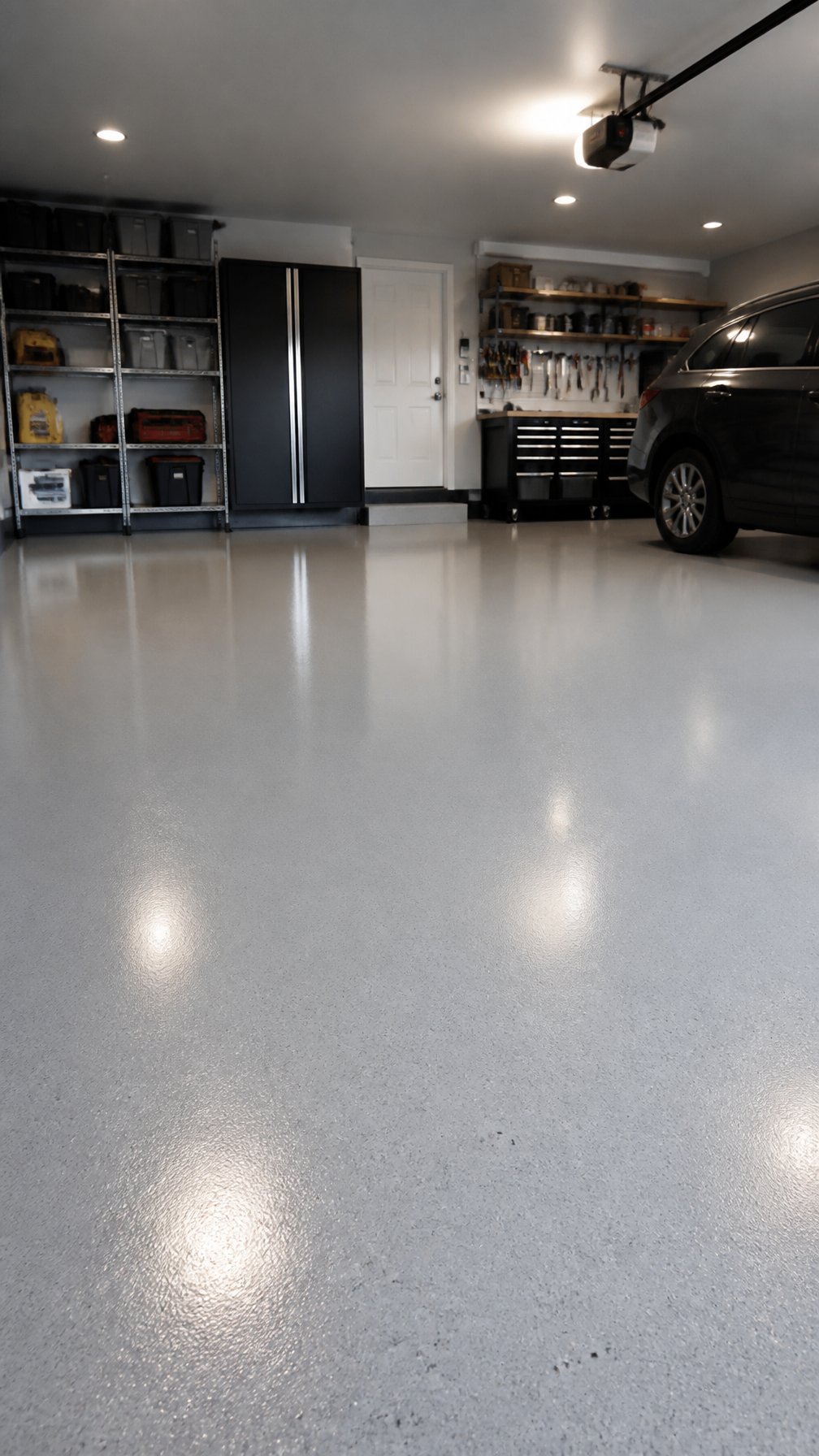 A clean garage with a freshly painted smooth concrete floor and organized shelves in the background.