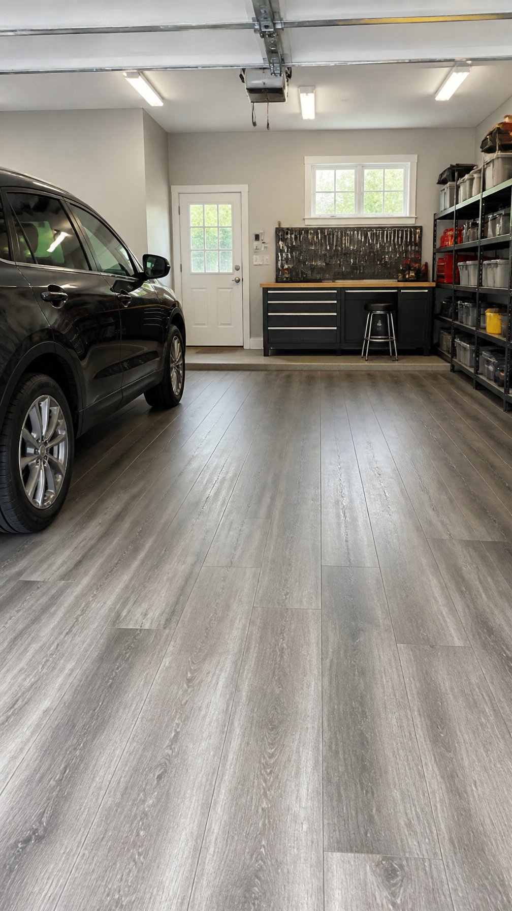 A clean garage interior with gray peel-and-stick vinyl plank flooring, storage shelves, a workbench, and a parked car.