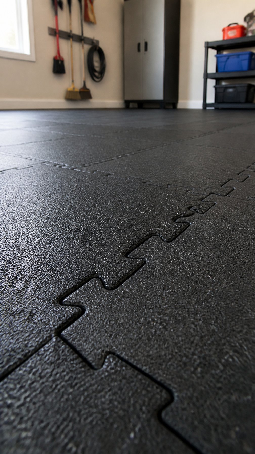 Close-up of interlocking recycled rubber tiles covering a clean and organized garage floor.