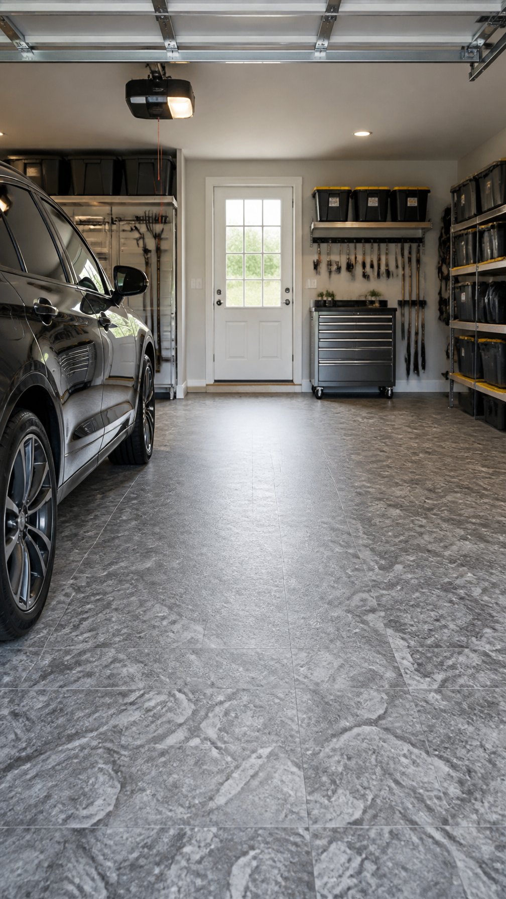 A clean garage with roll-out PVC floor mats covering the floor, a parked car, and organized storage shelves along the walls.