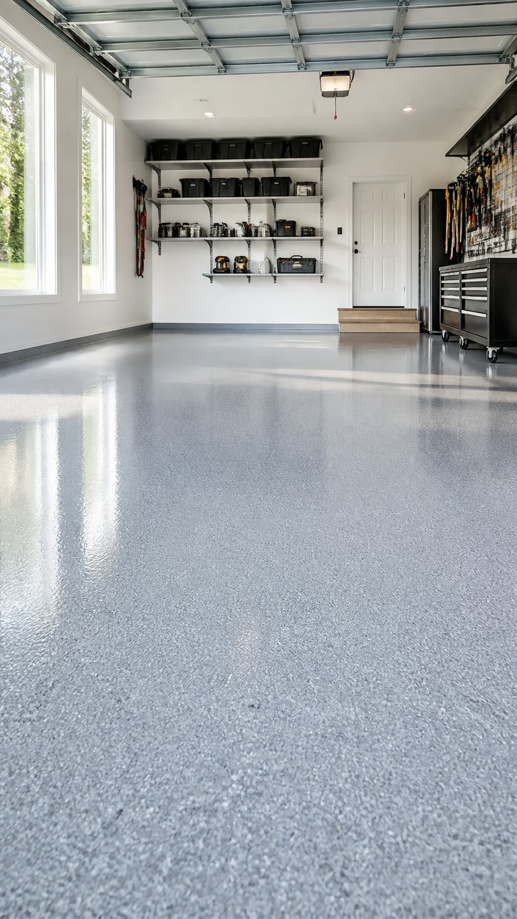 A clean garage with a smooth, glossy concrete floor and organized shelves along the walls.