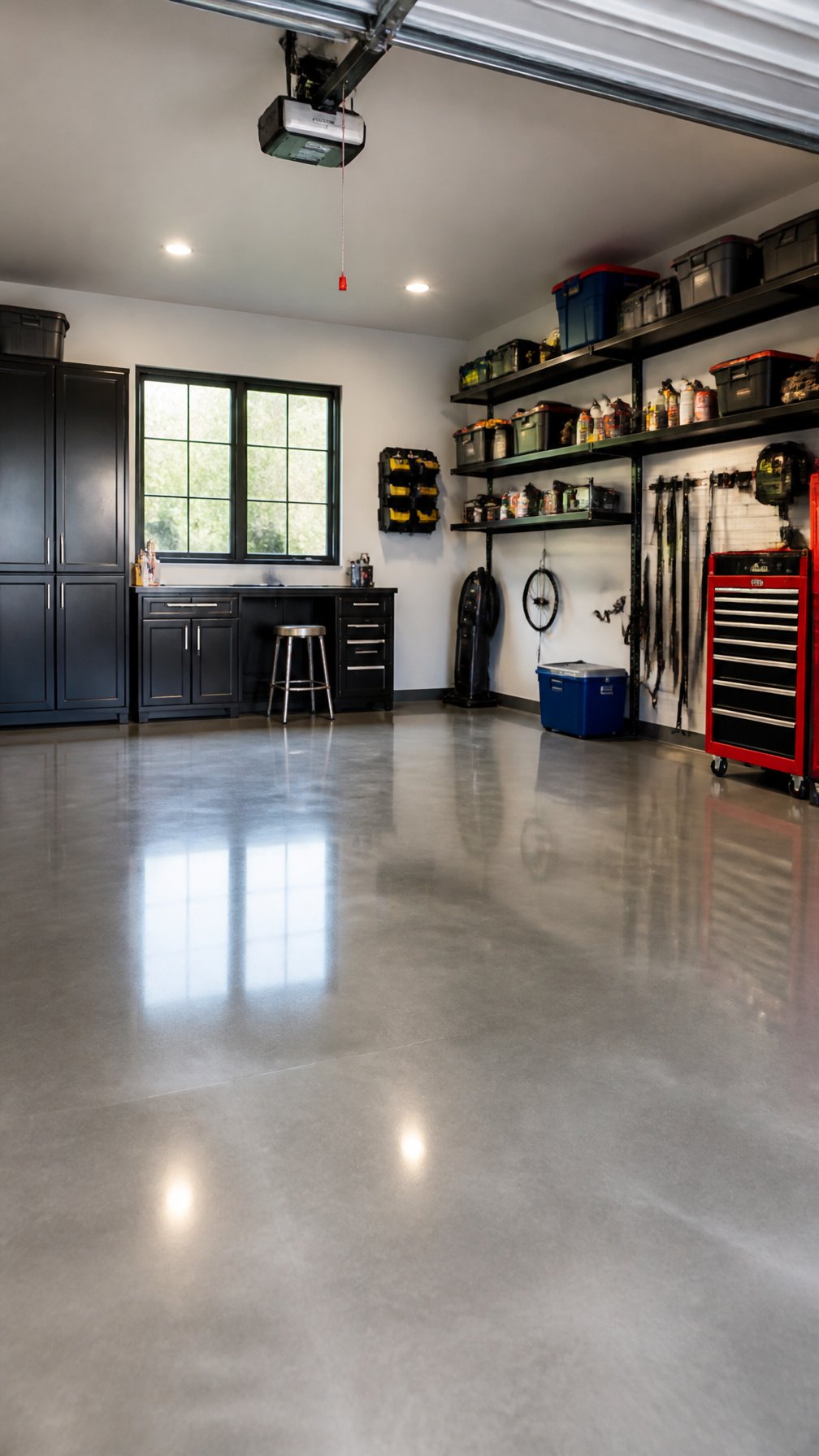 A clean and organized garage with a smooth, shiny polished concrete floor and neatly arranged tools along the walls.