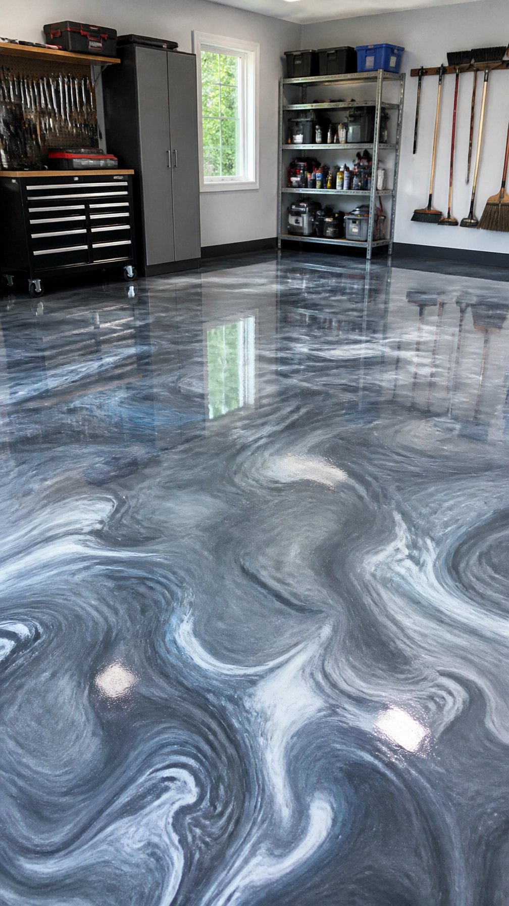 A clean garage with a shiny metallic epoxy coated floor and organized tools on shelves in the background.