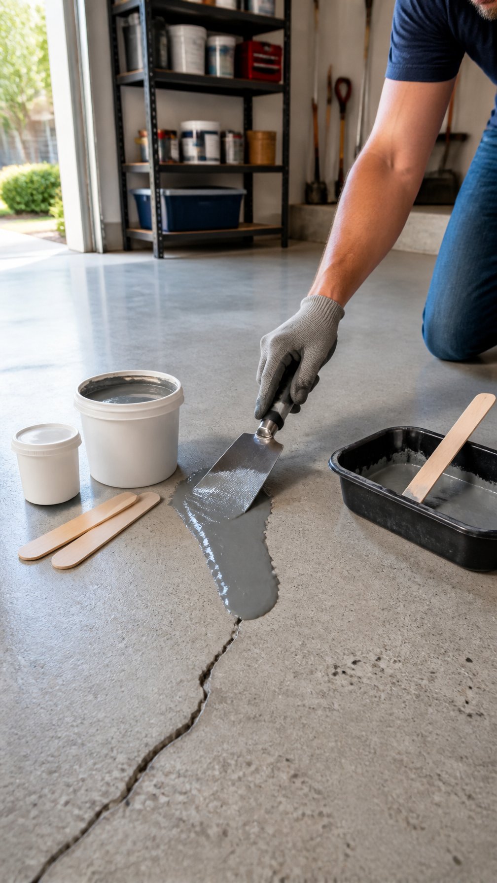 Hands wearing gloves applying epoxy patch to a cracked garage floor with repair kit and tools nearby in a well-lit garage.