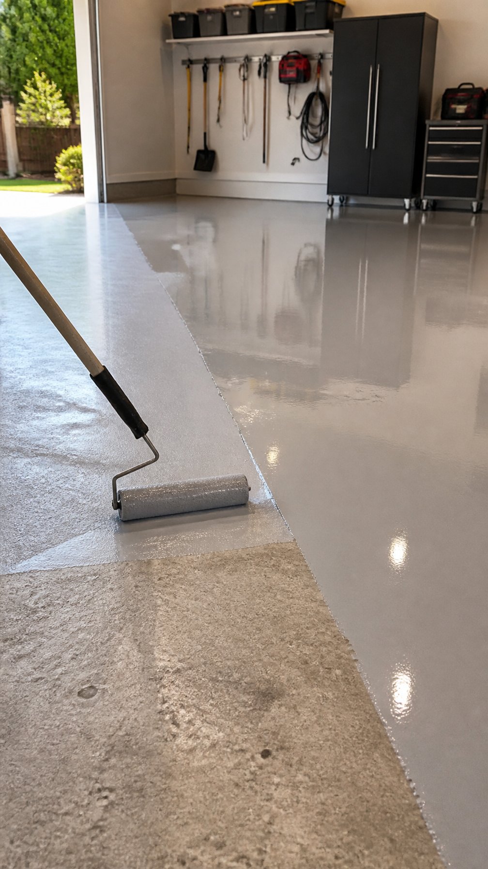 A garage floor being coated with primer and epoxy, showing a roller applying primer on concrete and a section with a glossy epoxy finish.