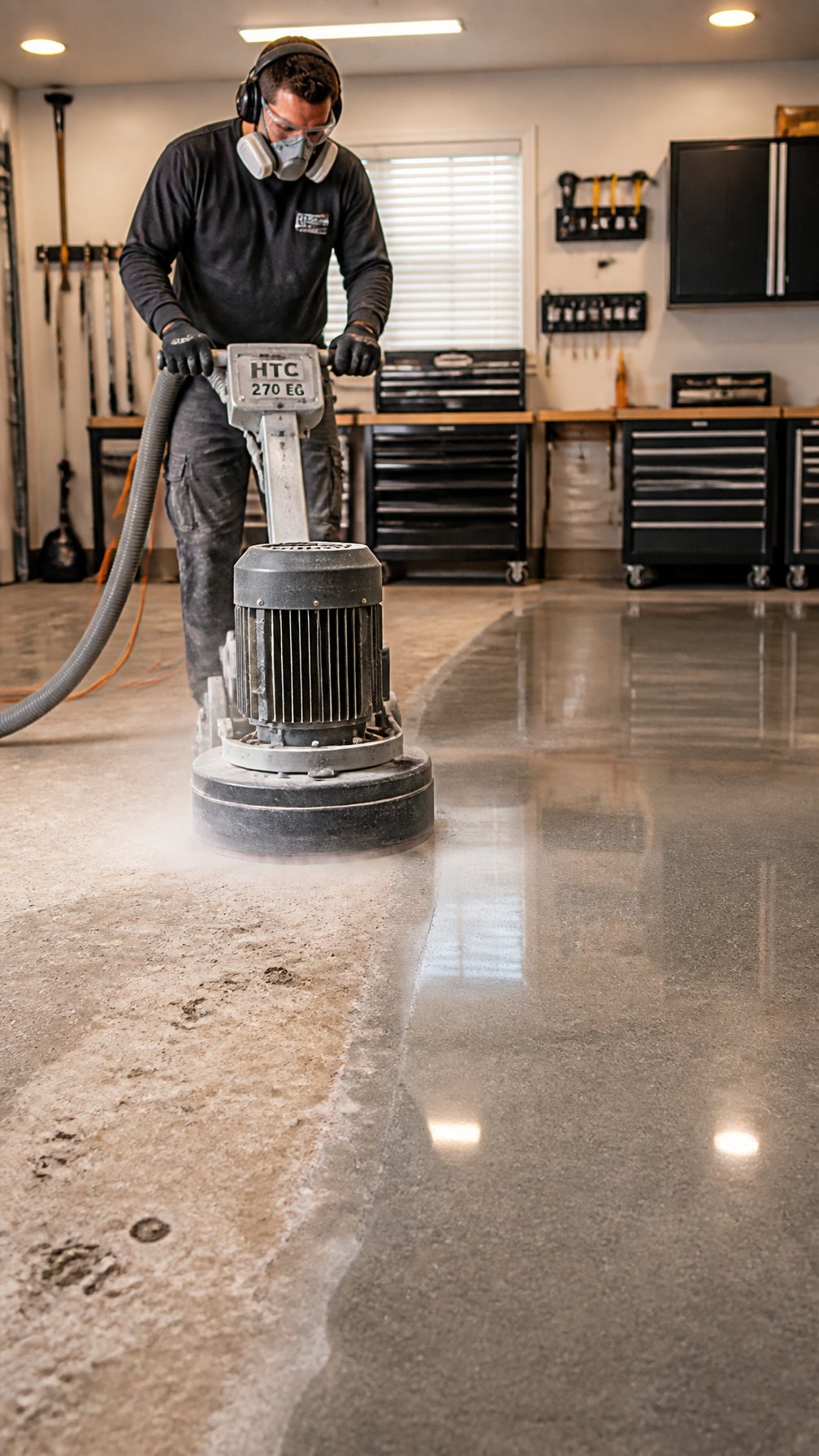 Worker using a diamond grinding machine to prepare a garage floor for coating in a clean residential garage.