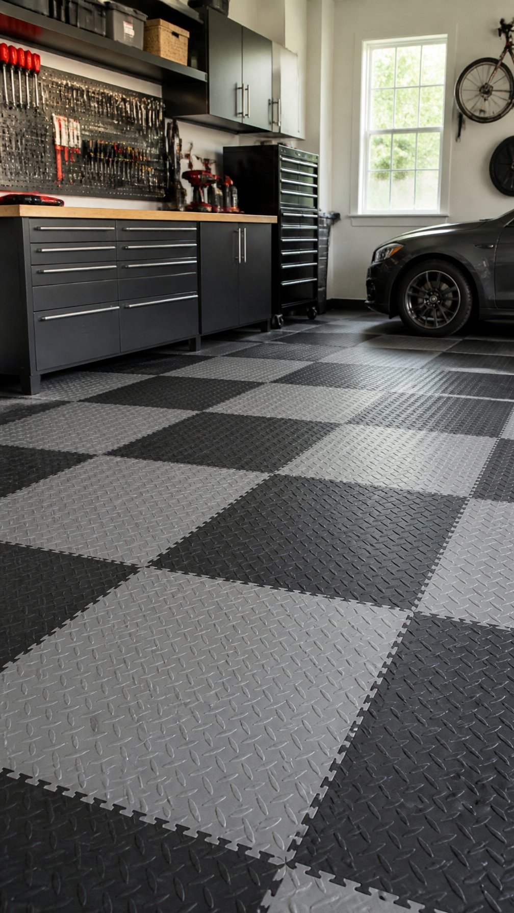 A clean garage interior with black and gray rubber anti-fatigue floor tiles, a workbench with tools, and a car in the background.