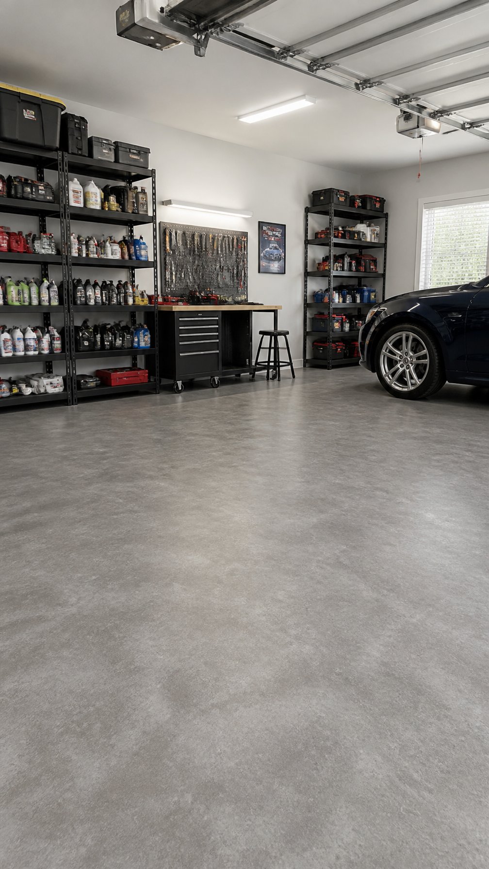 A clean garage with a gray vinyl floor, storage shelves, a workbench, and a parked car.