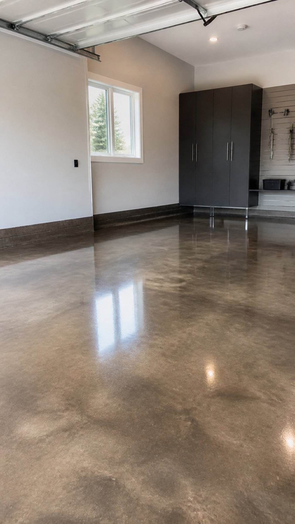 A clean, glossy stained concrete garage floor in a tidy, well-lit garage space.