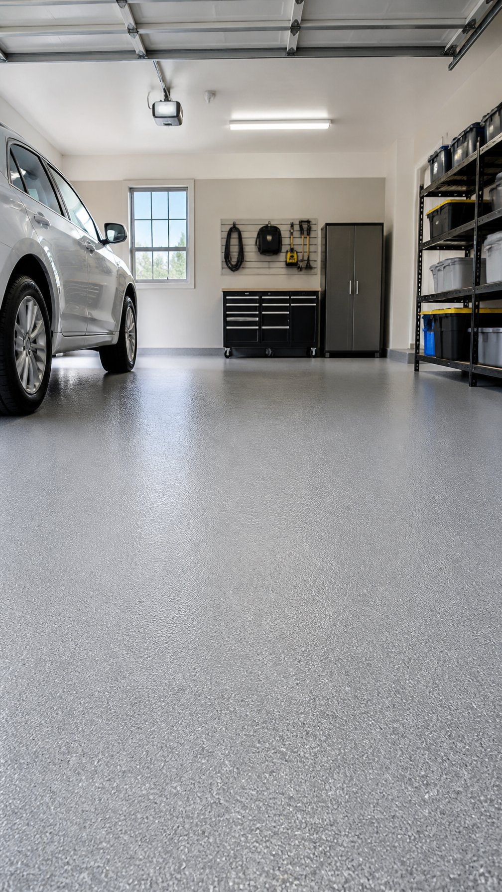 A clean garage with a freshly coated gray floor showing a textured non-slip surface, a parked car, and organized storage shelves.
