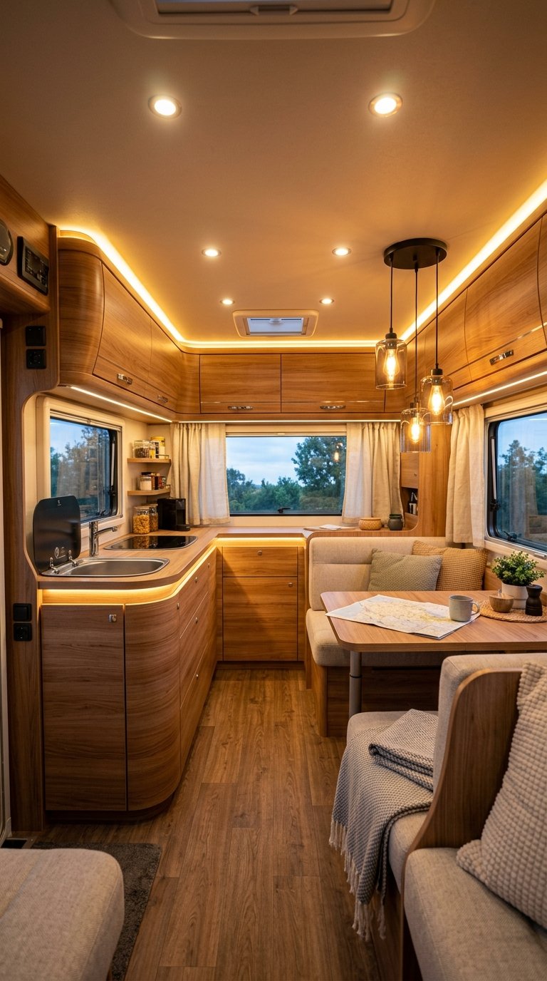 Interior of an RV with various upgraded lighting fixtures including LED strips, recessed ceiling lights, and pendant lights illuminating the space.