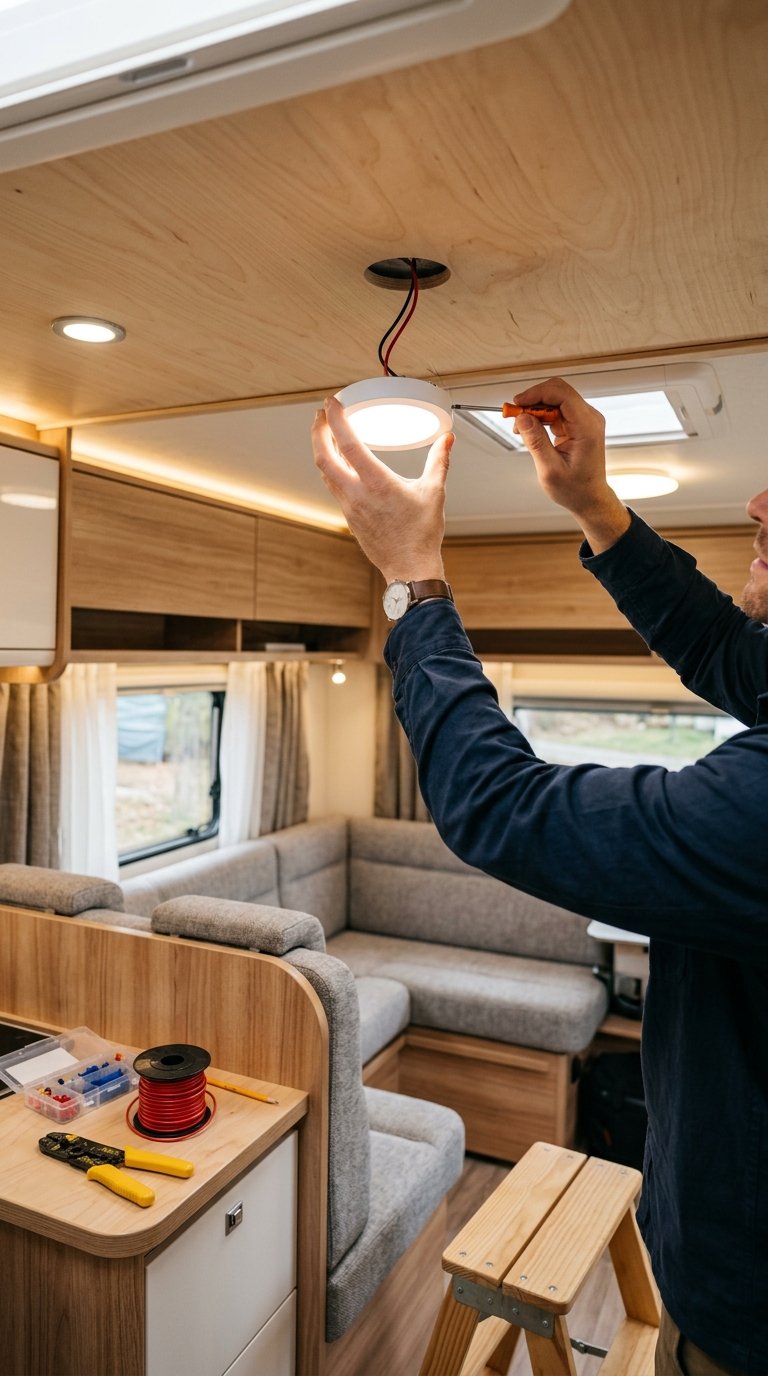 Hands installing LED dome lights on the ceiling inside a modern RV interior.