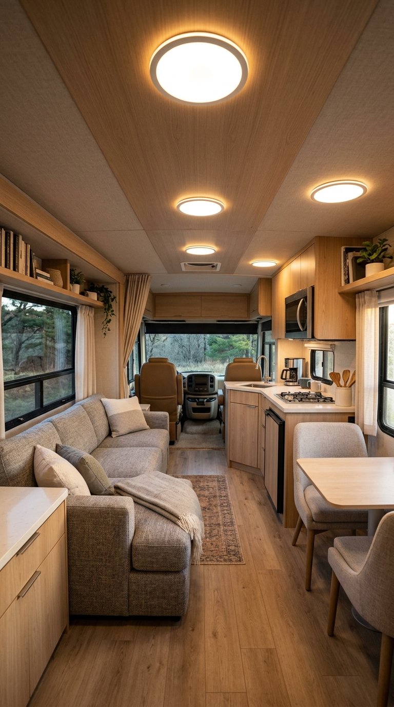 Interior of an RV with sleek ultra-thin ceiling lights illuminating a cozy living area with seating and cabinets.