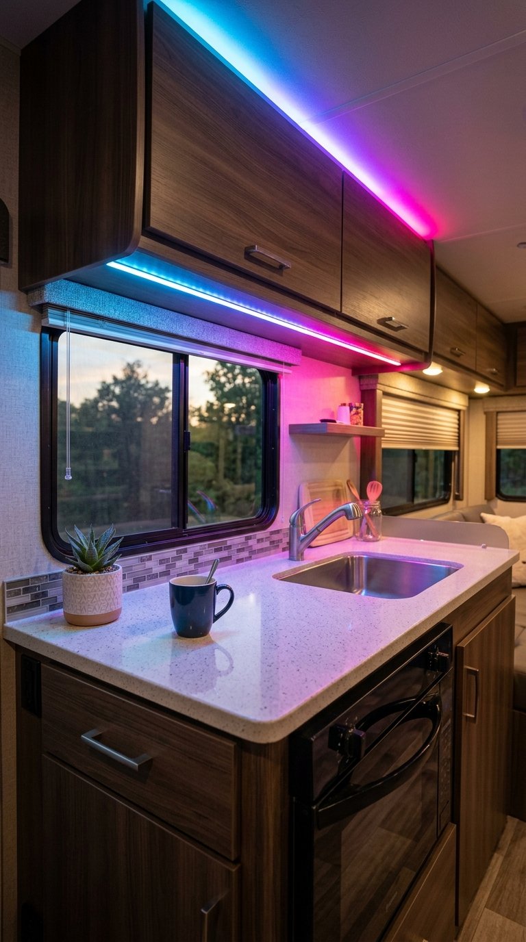 Interior of an RV kitchen with colorful RGB LED strip lighting installed under the cabinets, illuminating the countertop.