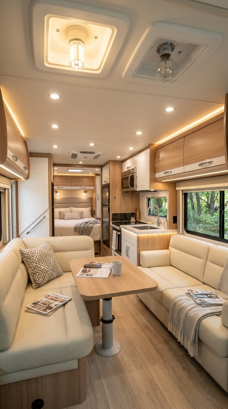 Interior of an RV with bright LED lighting illuminating the living and kitchen areas.