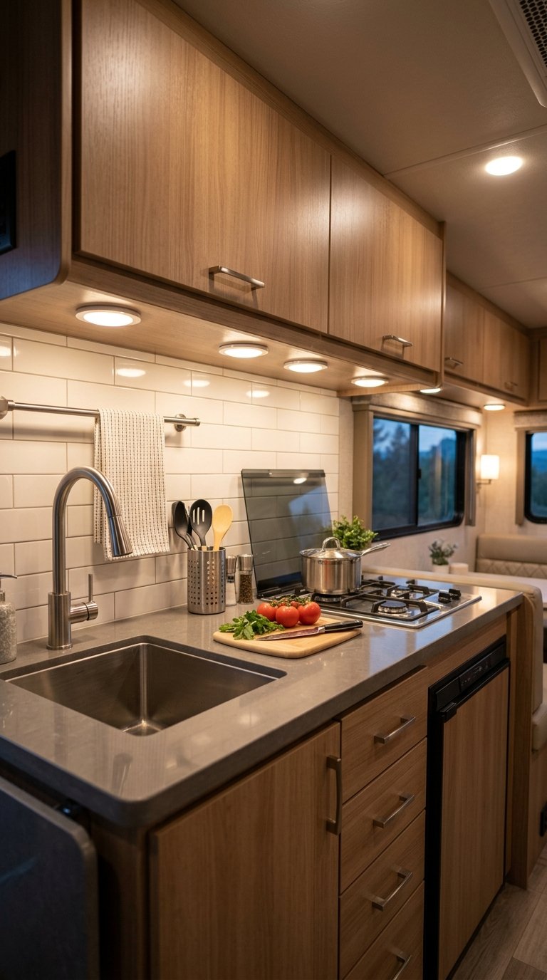 Interior of an RV kitchen with dimmable puck lights mounted under cabinets, illuminating the counter and sink area.