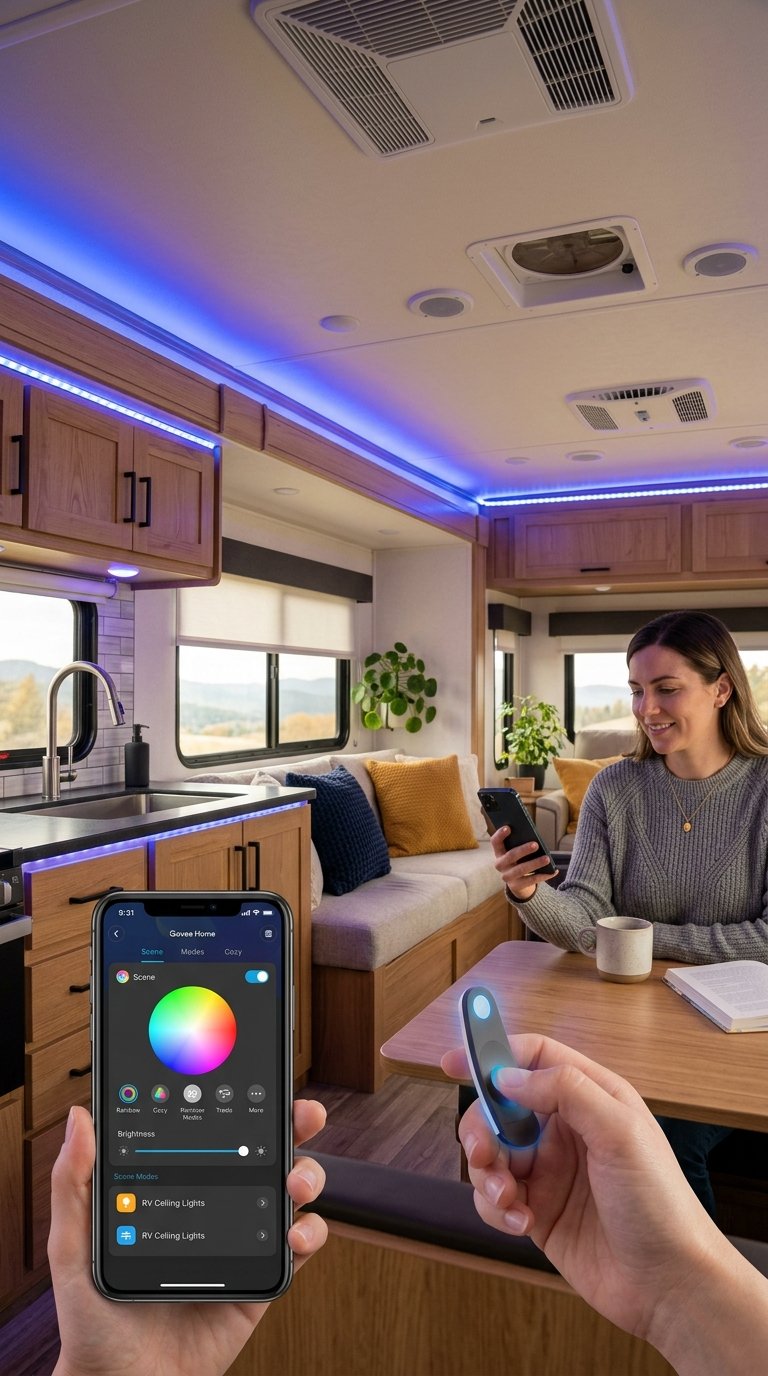 Interior of an RV with colorful LED light strips installed and a person controlling them using a smartphone.