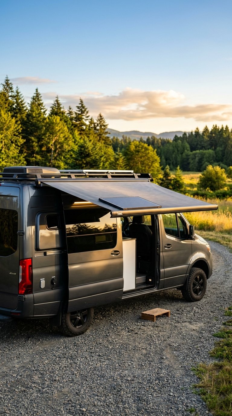 An RV exterior with a solar-powered awning light installed above the door, surrounded by trees under a clear sky.