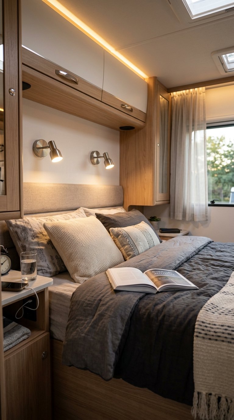 Interior of an RV bedroom with LED reading lights mounted above a bed, showing a cozy and well-lit space.