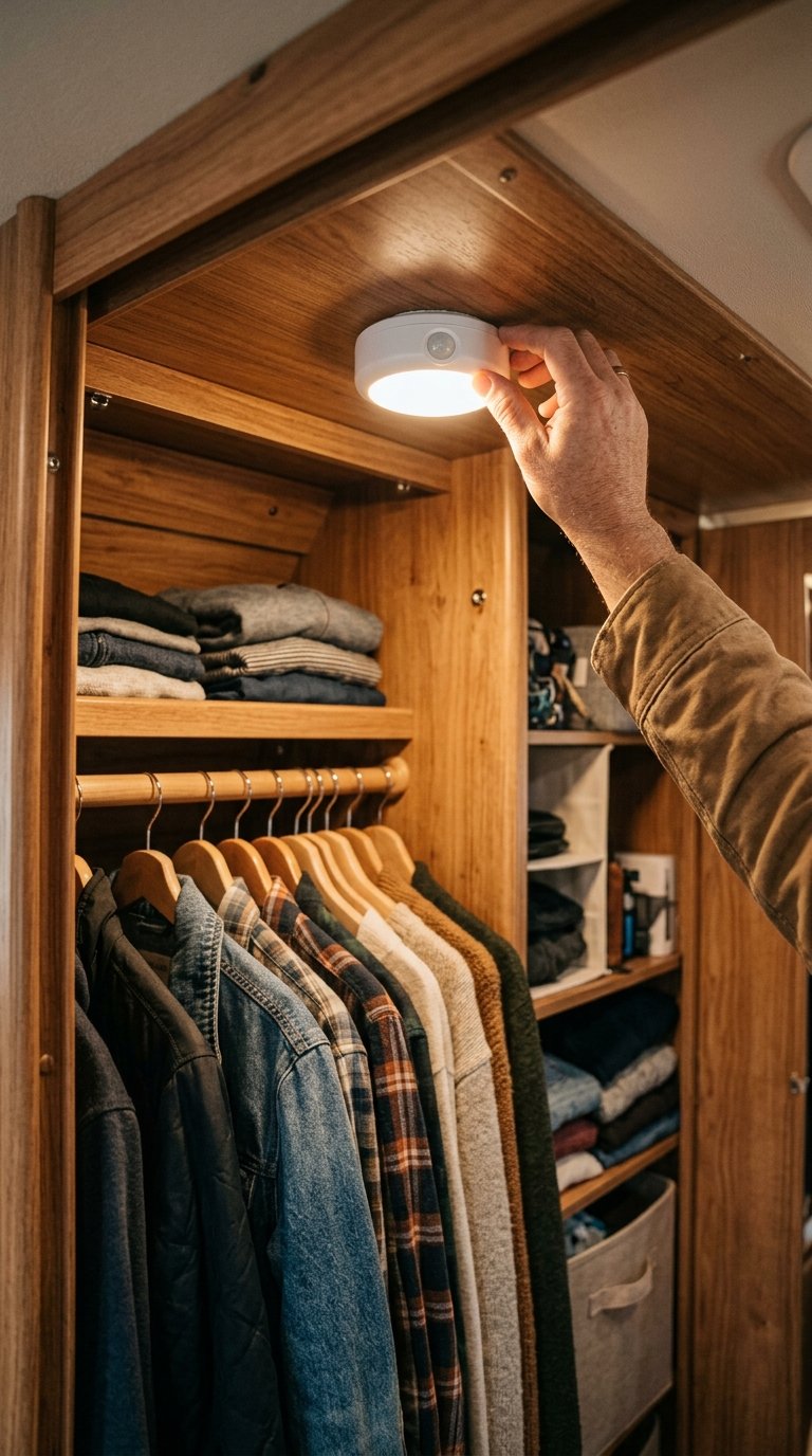 Hand installing a motion-sensor puck light inside an organized RV closet.