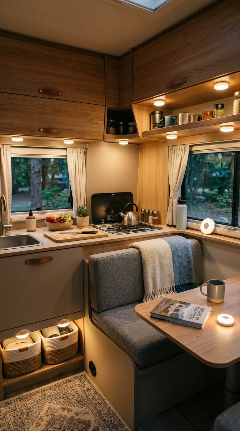 Interior of an RV kitchen with battery-powered tap lights illuminating shelves and countertops.