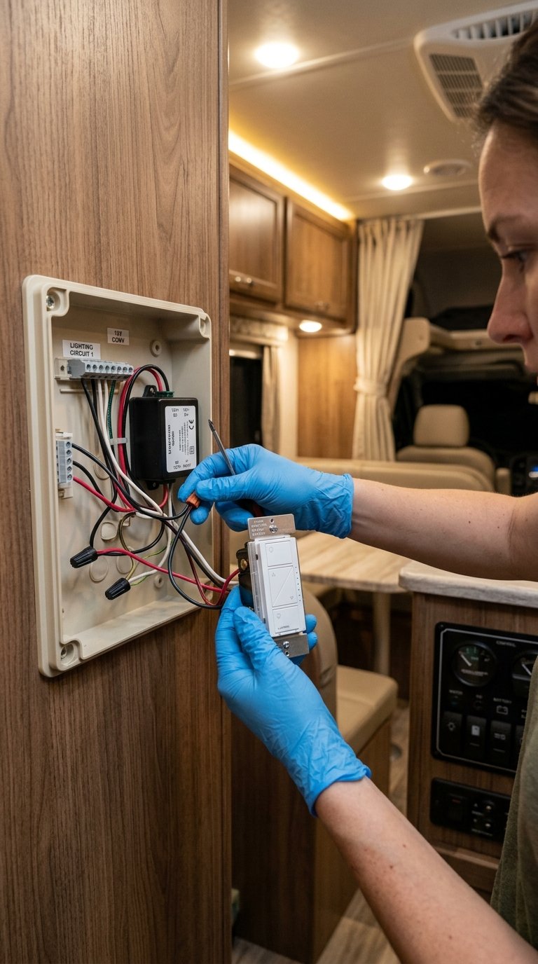 Hands installing a smart switch with wiring inside the interior of an RV.