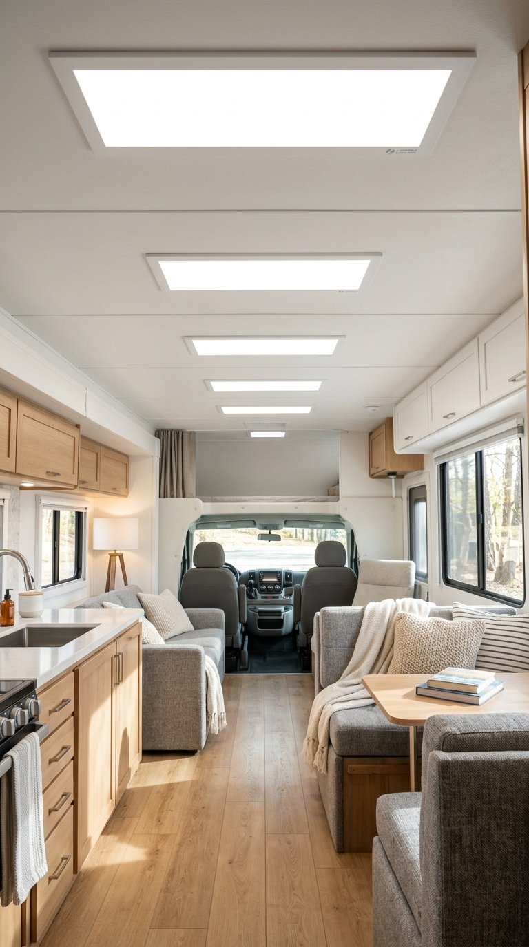 Interior of an RV with new LED panel lights installed on the ceiling above a comfortable seating area.