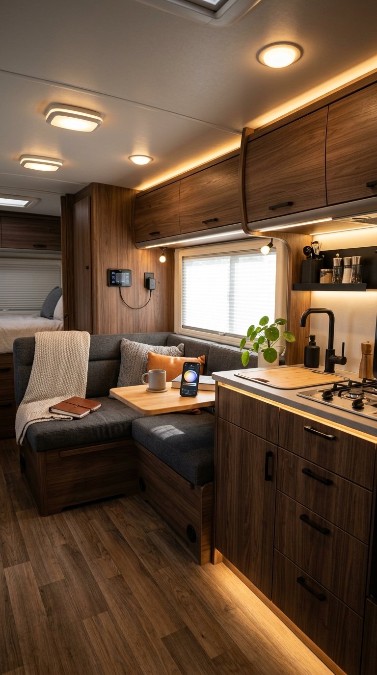Interior of an RV with warm, adjustable smart lighting illuminating the living and kitchen areas.