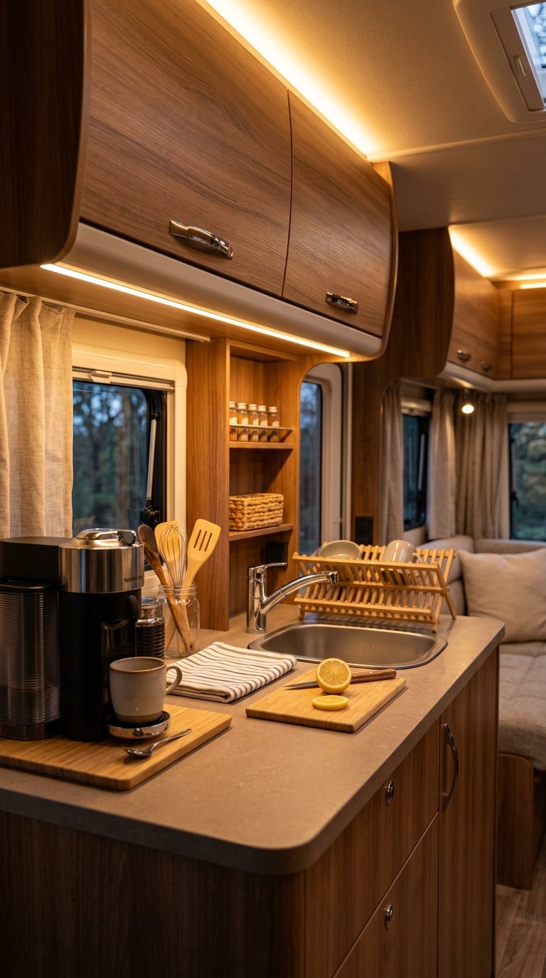 Interior of an RV kitchen with warm under-cabinet lighting illuminating the countertop and cabinets.