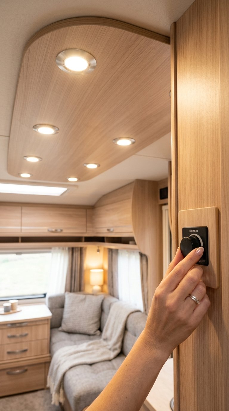 Interior of an RV ceiling with recessed LED downlights and a hand adjusting a dimmer switch on the wall.