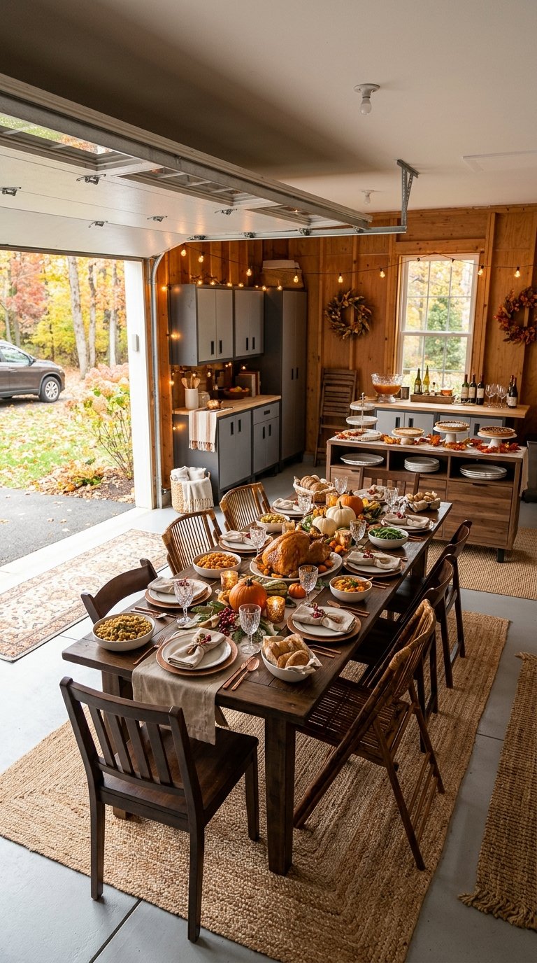A warmly decorated garage with a long Thanksgiving dining table, autumn decorations, food, and seating for guests.