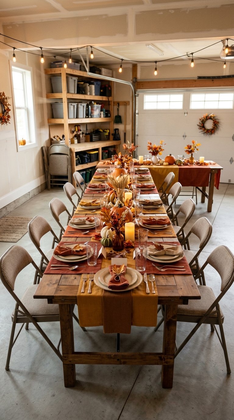A cozy garage dining area with folding tables, autumn-colored linens, fall decorations, and neatly arranged place settings.