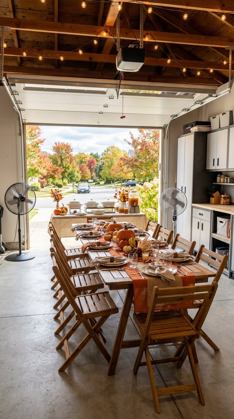 An open garage set up for Thanksgiving entertaining with fans circulating fresh air around a decorated table.