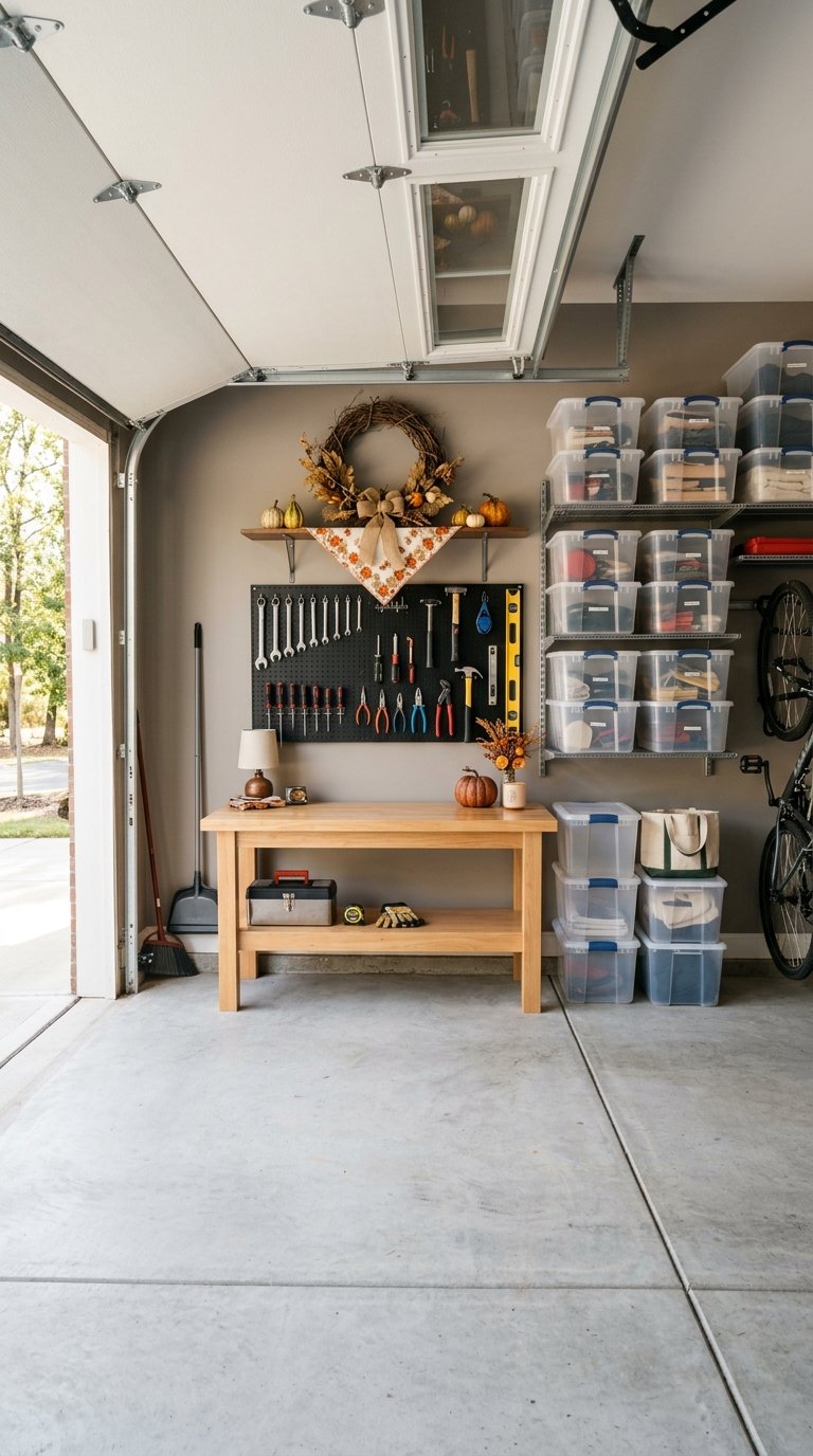 An organized garage with tools neatly arranged and storage bins stacked on shelving, prepared for Thanksgiving guests.