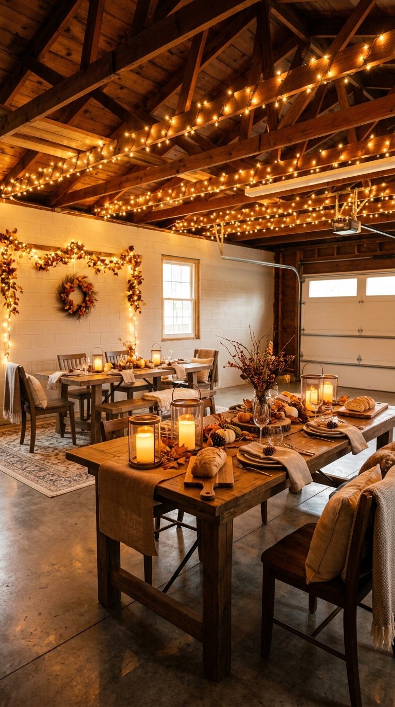 A garage decorated for Thanksgiving with warm string lights, glowing lanterns, autumn decor, and a welcoming buffet table.