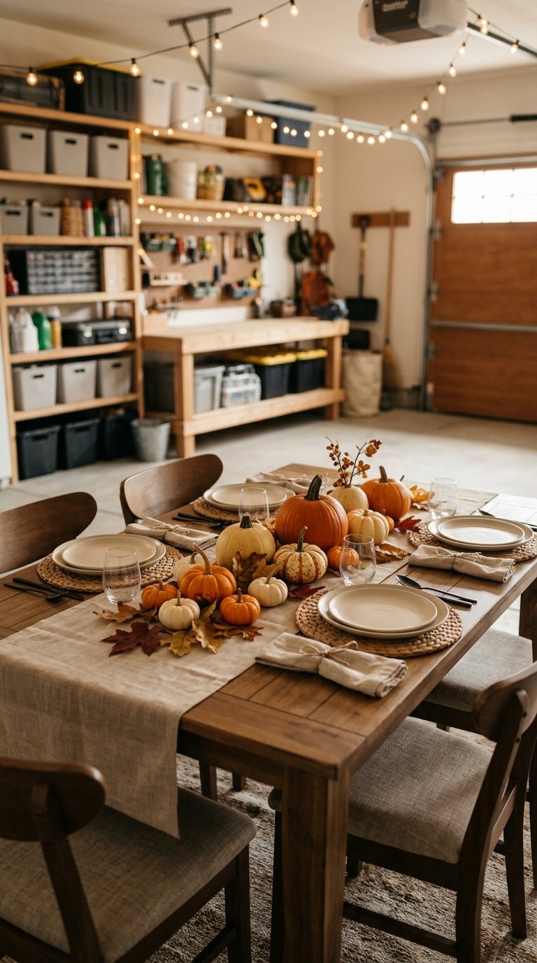 A simple Thanksgiving table centerpiece of pumpkins, gourds, and colorful fall leaves in a tidy garage.