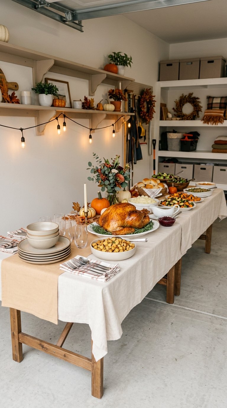 A Thanksgiving buffet with turkey, side dishes, and tableware arranged along one wall of a tidy garage.
