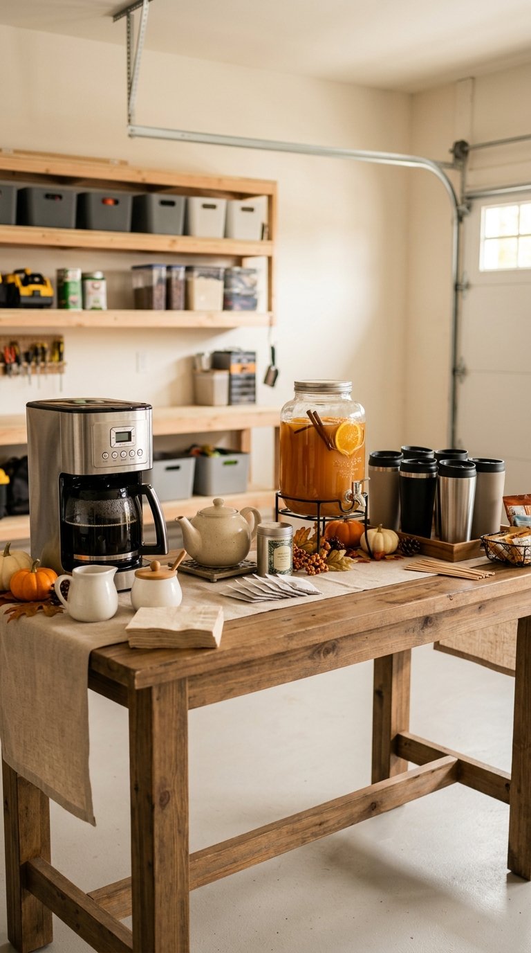 A Thanksgiving hot-drink station in a tidy garage with coffee, tea, cider, and insulated cups.