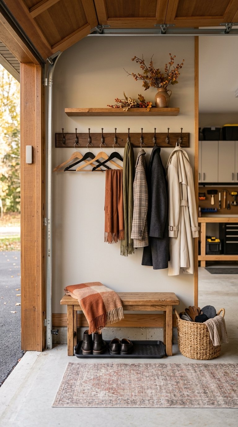 A neat coat-check area with jackets and hangers near a clean garage entrance.