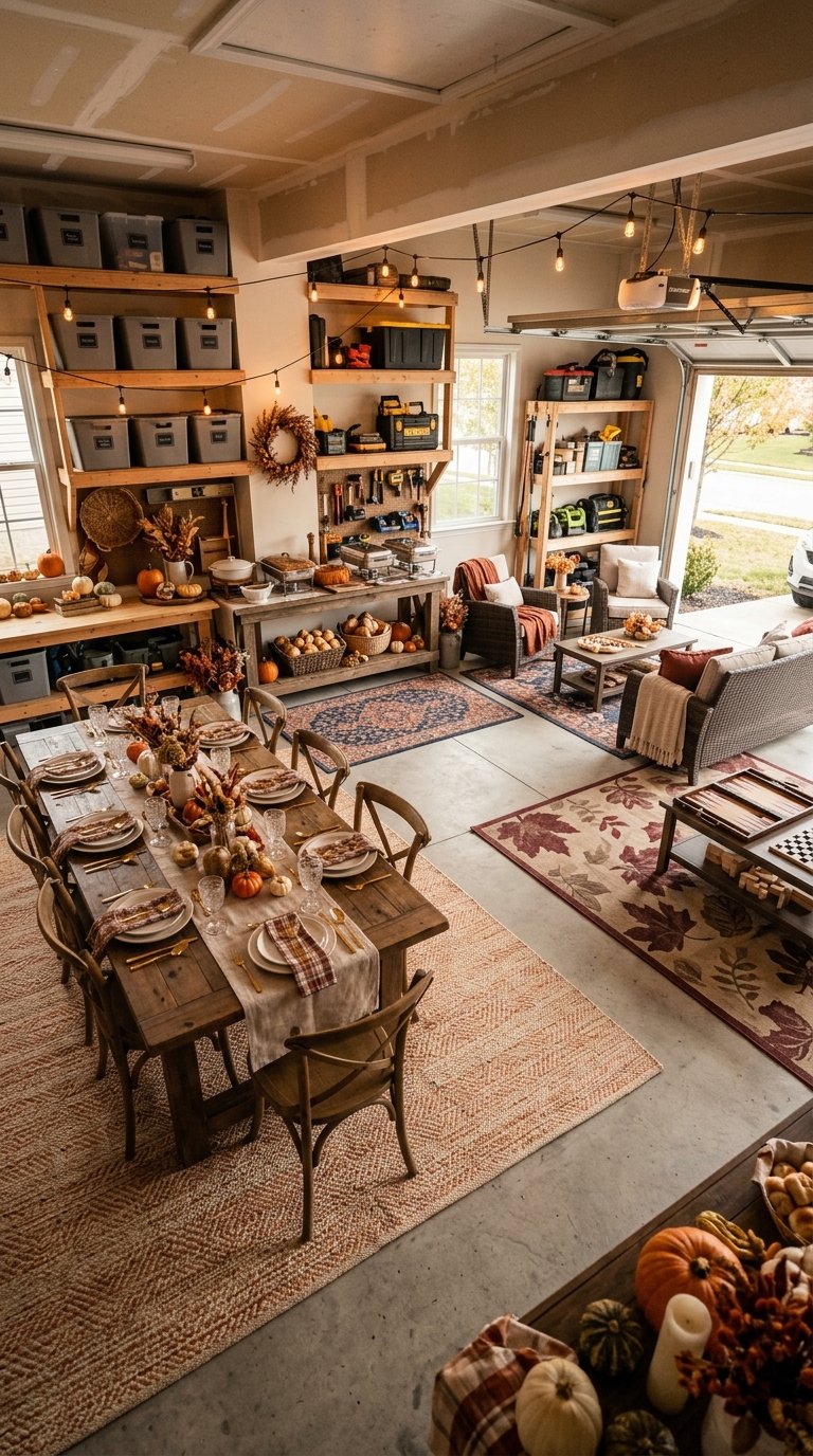 A decorated garage uses washable rugs to separate dining, serving, and activity areas for Thanksgiving entertaining.