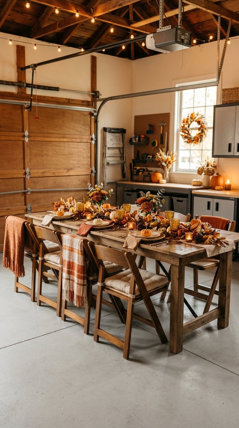 Cushioned folding chairs and throws arranged around a festive Thanksgiving table in a decorated garage.