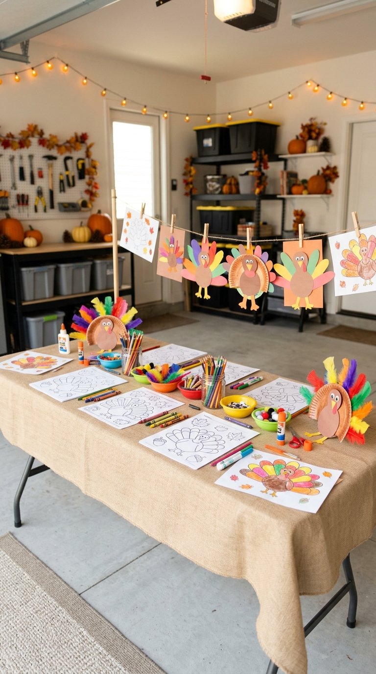 A children’s Thanksgiving craft table in a garage with coloring pages, art supplies, and handmade turkey decorations.