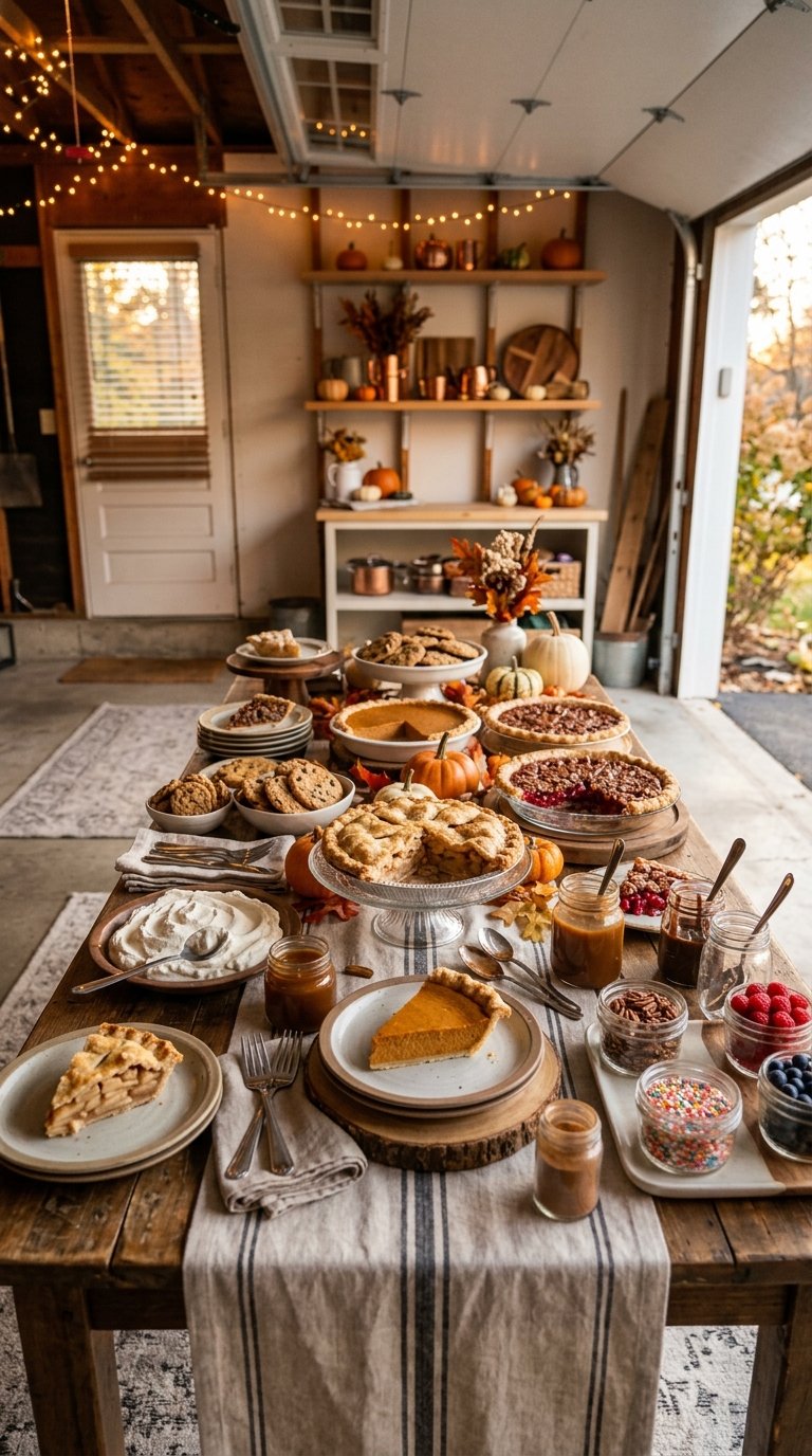 A Thanksgiving dessert bar with pie slices, cookies, toppings, and autumn decorations arranged on a table in a cozy garage.