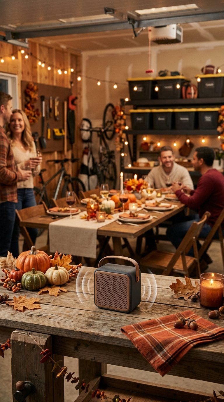 A portable Bluetooth speaker sits among Thanksgiving decorations in a warmly decorated garage.